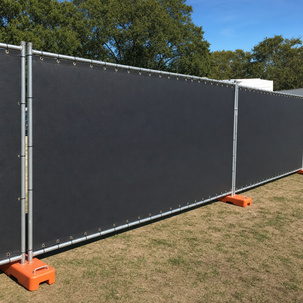 Event fence line clad in solid windscreen mesh screening off the back-of-house area